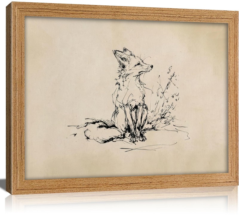 Vintage Solid Wood Framed Fox Sketch Wall Art, Neutral Fox Line Drawing Canva…