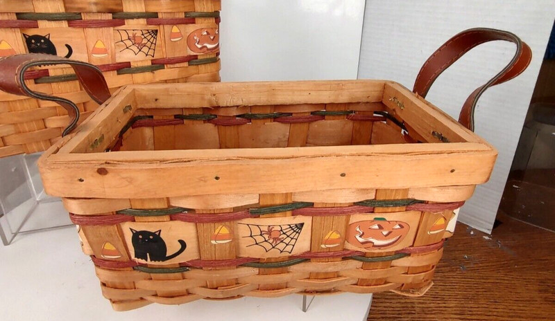 Halloween Set 2/ 12"x8"x6" & 9.5" x 6"x5" Leather Handle Painted Design Baskets gallery