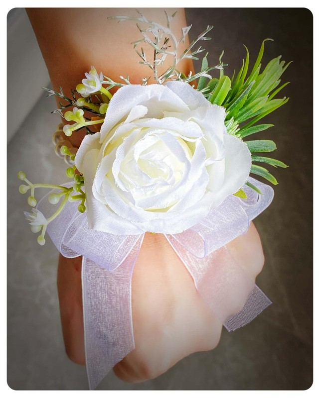 White Rose Corsage Boutonniere Set Groom Groomsmen Wedding Flower Decor gallery