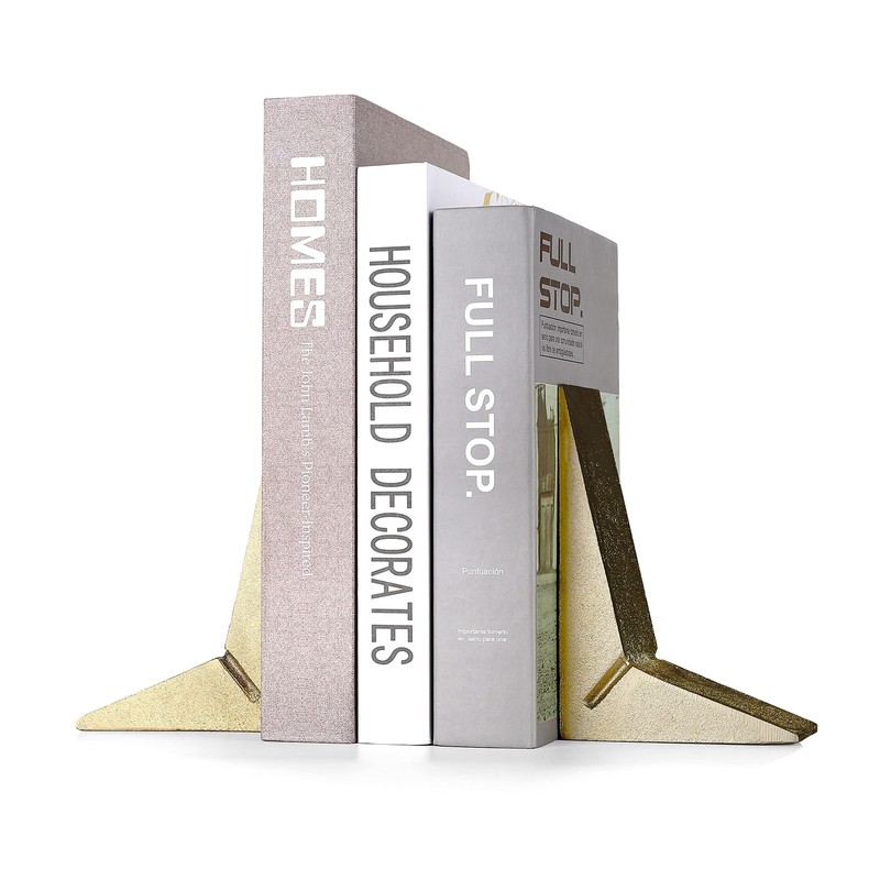 Cast Iron Geometric Bookends Heavy Duty Triangle Decorative Design Gold 2-Pack