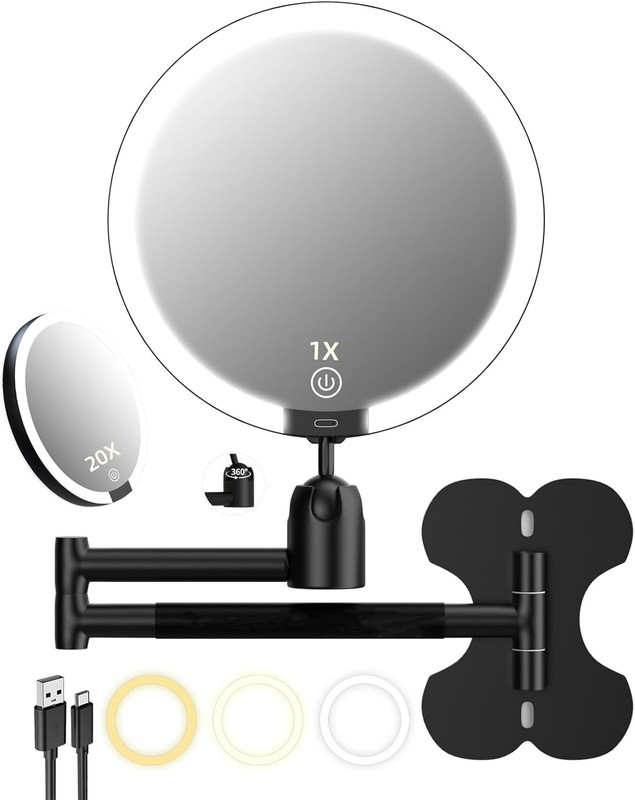 20X/1X Wall Mounted Lighted Makeup Mirror, 6inch Double Sided 1X/20X