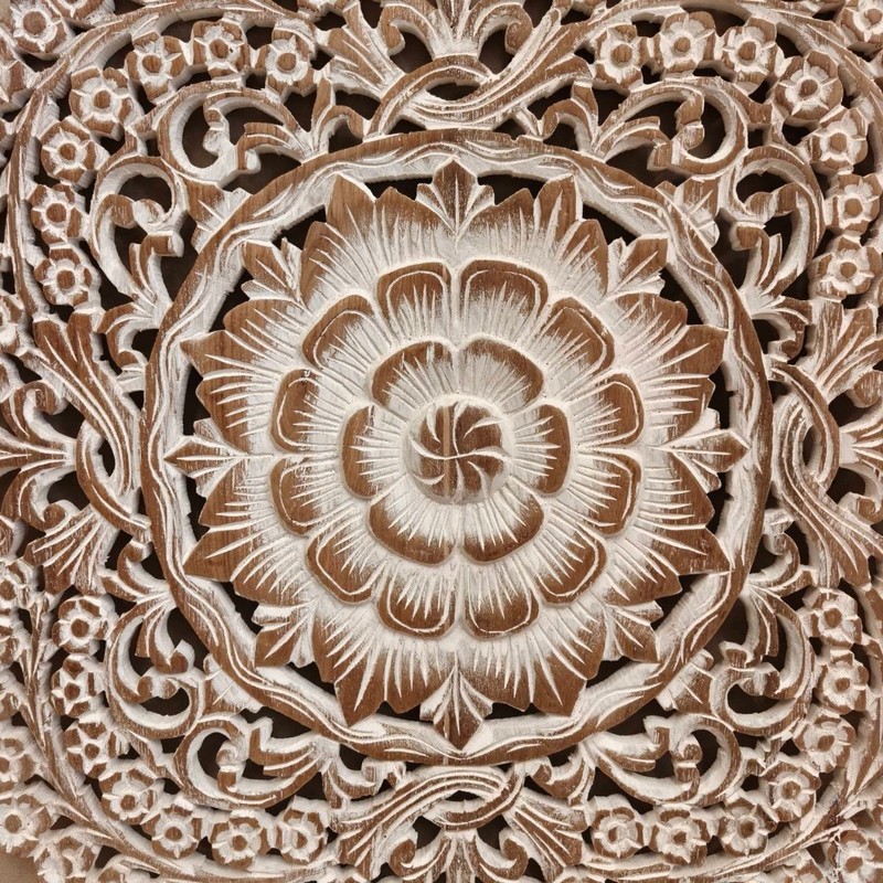 Teak Wood Wall Art 24" Rustic Whitewash Finish Detailed Floral Mandala RS013 gallery