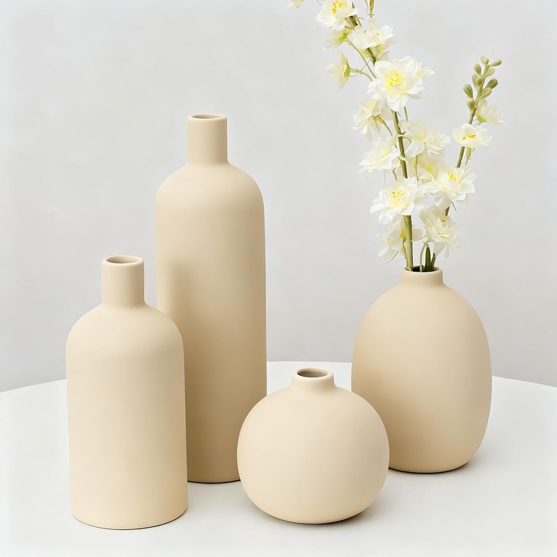 Beige Ceramic Vase Set of 4, Modern Neutral Colors Home Decor, Rustic Farmhouse