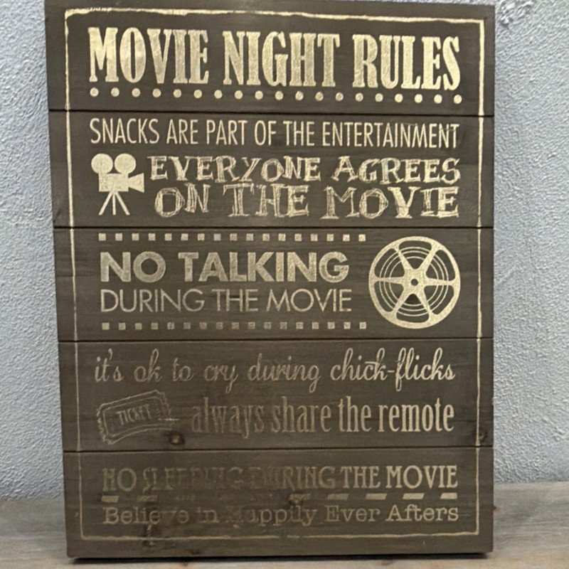 Hobby Lobby Movie Night Rules Wall Plaque Wood Rustic Decor Brown Beige Hanging