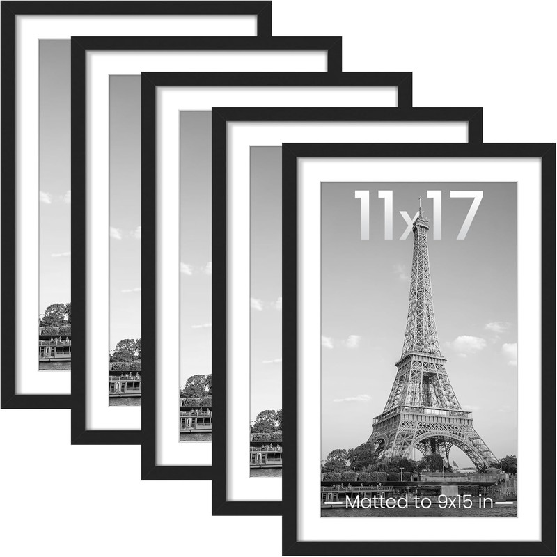 5 Pack Picture Frames 11″ x 17″ Black Wall Poster Frames 9″ x 15″ Mat Display
