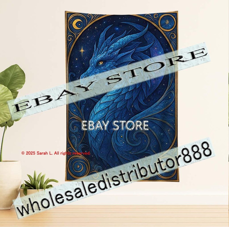 Sapphire Dragon Fantasy Tapestry Wall Hanging elemental creature art 39X59 in
