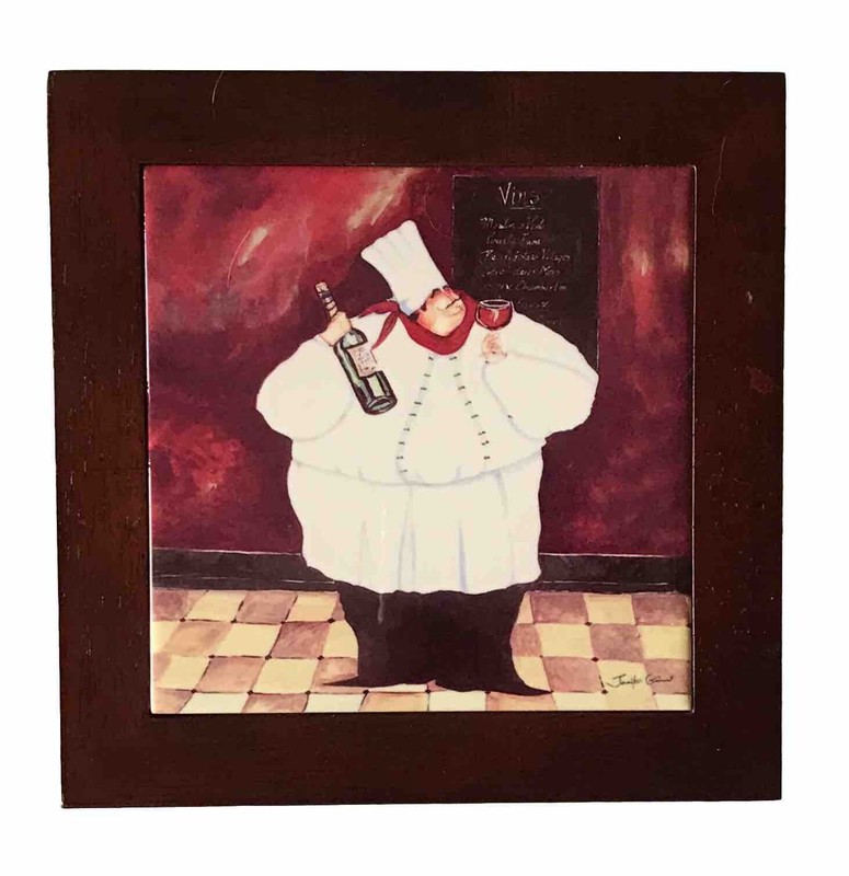 Jennifer Garant Fat French Chef Ceramic Tile Wall Wine Bread Wood Frame Italian gallery