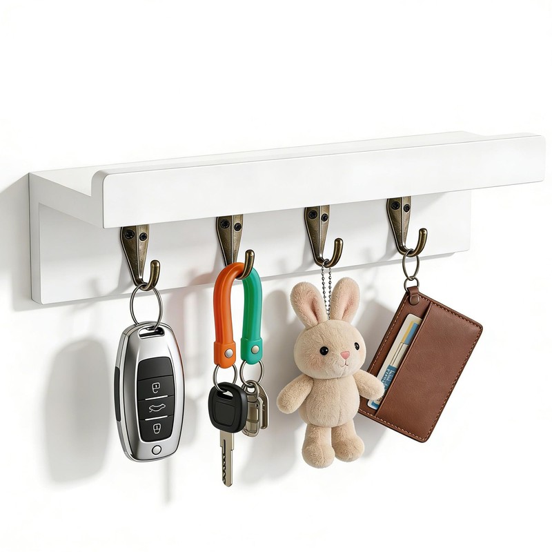 Gulex Key Holder Wall Mount, Rustic Wood for with 4 White
