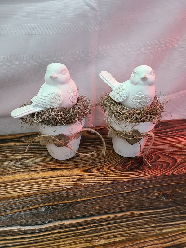Set of Two Neutral Cottagecore Handmade Tabletop Bird Figurines Spring Decor