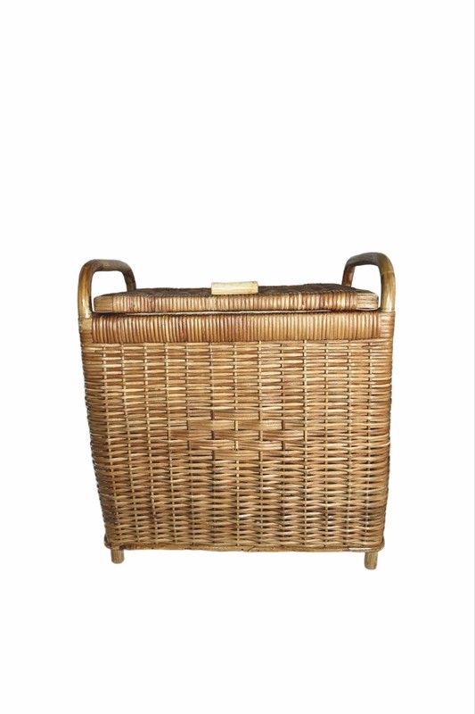 Small Upholstered Wicker Rattan Picnic Basket With Lid, Handles, Feet