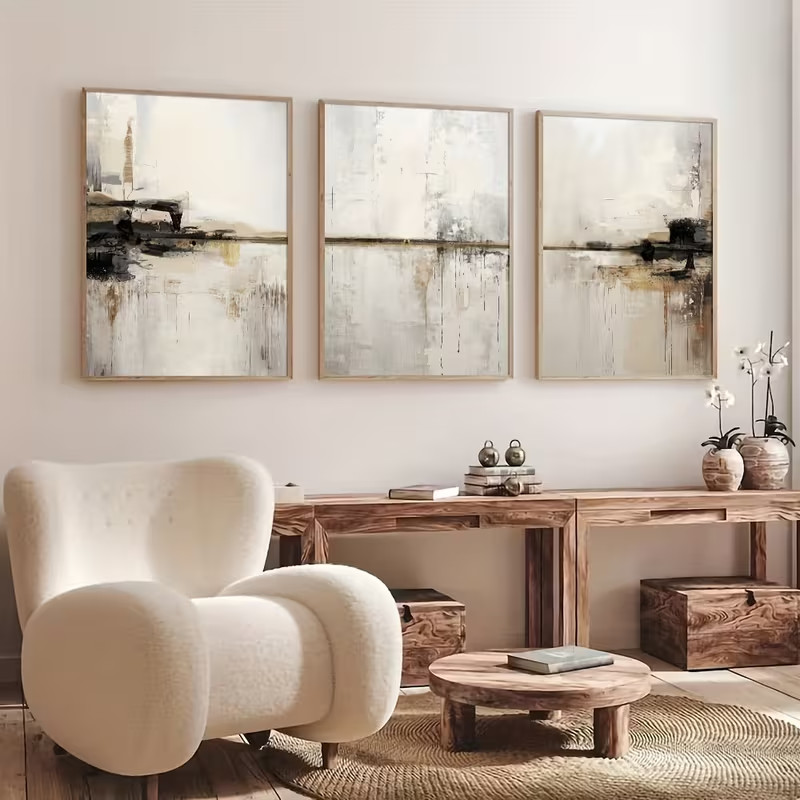 3 Panel Neutral Abstract Wall Art Print, Beige Grey Modern Minimalist Triptych