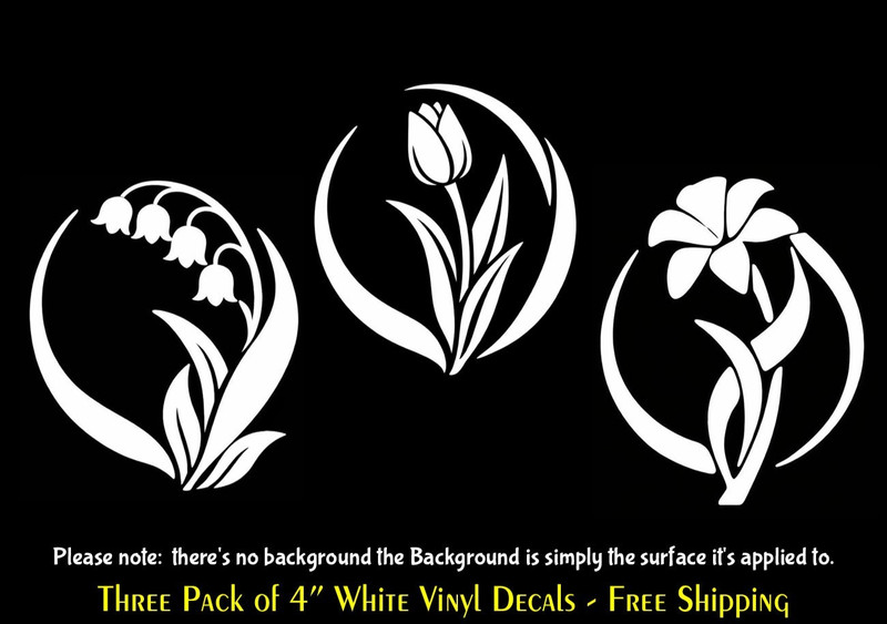 Trio of Spring Flowers Tulip Lilly Three 4″ White Vinyl Decals Any Flat Surface