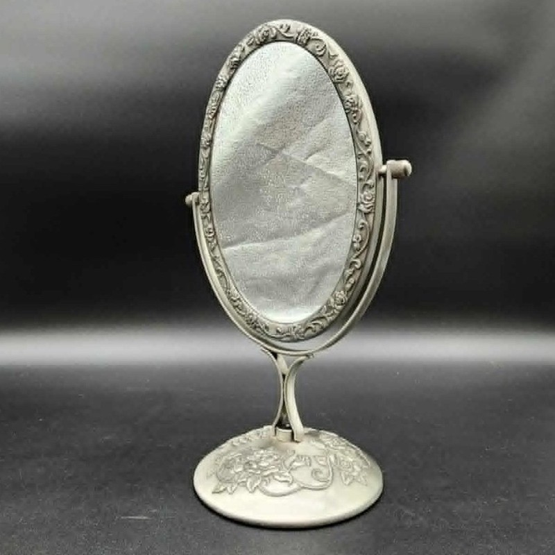 Unbranded Vintage Floral Rose Oval Swivel Vanity Mirror Pewter Silver Tabletop