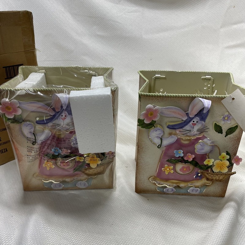 TWO 2 NEW Home Interiors 11092 Metal Tin Decorative Planter Bunny Rabbit Spring