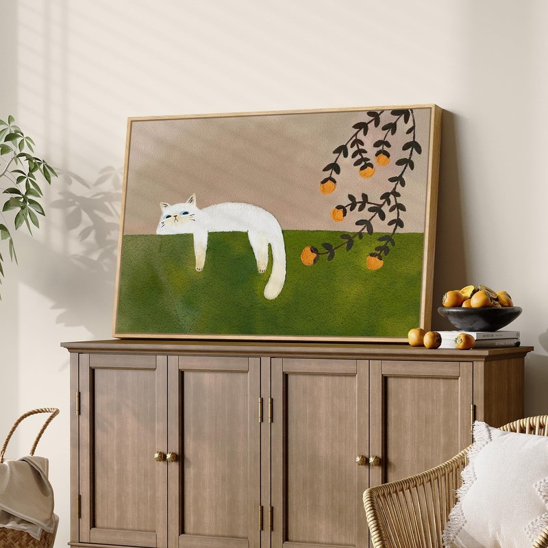 Framed Neutral and Green Wall Art for Bedroom Decor, Large Cozy Cat Canvas Pa... gallery