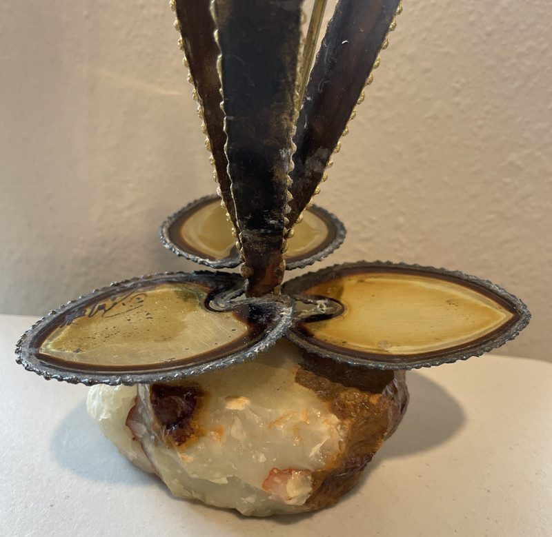 Vintage Brass & Copper Cattails & Lily Pad Sculpture Stone Base Signed 13" Tall gallery