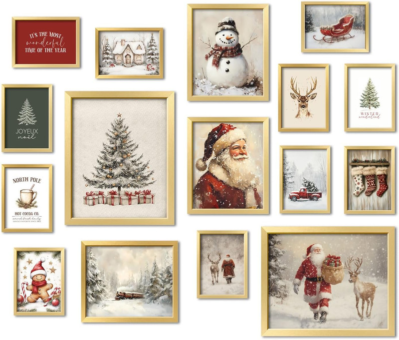 16 PCS Christmas Wall Art Decor, Vintage Gallery Wall Prints Decorations for Bed