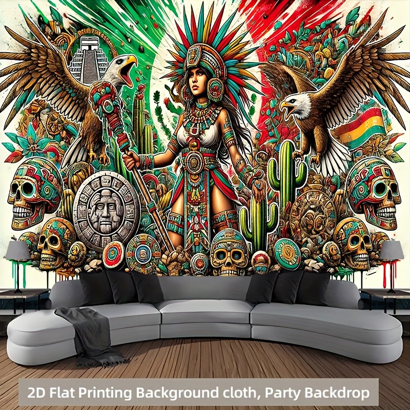 2D Flat, 1pc Large Aztec Wall Tapestry - Extra Long 71x91 Inch - Mexican Cultura