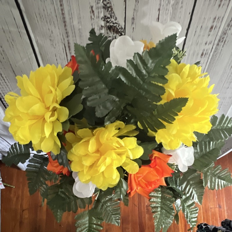 Cemetery vase insert with yellow, orange, white, and green florals gallery