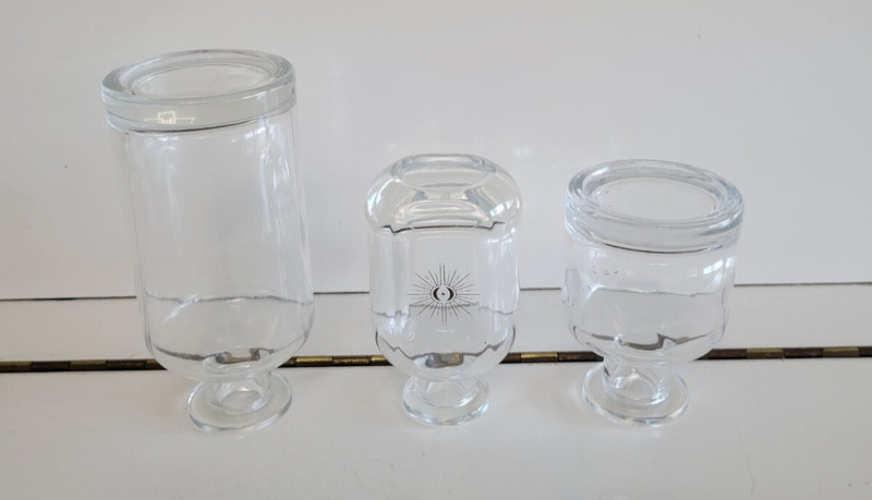 3 CLEAR THICK GLASS DECORATIVE BOTTLES 4 4.25 AND 6 INCHES TALL 1 WITH STARBURST gallery