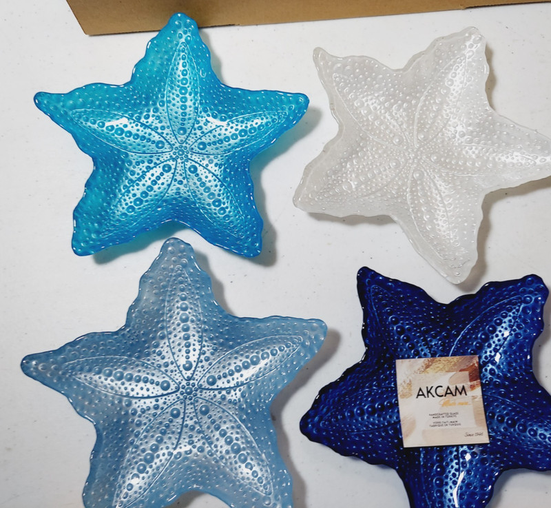 Set of 4- 6″ Small Akcam Turkish Glass Starfish Plates Dishes Coastal 4 Colors