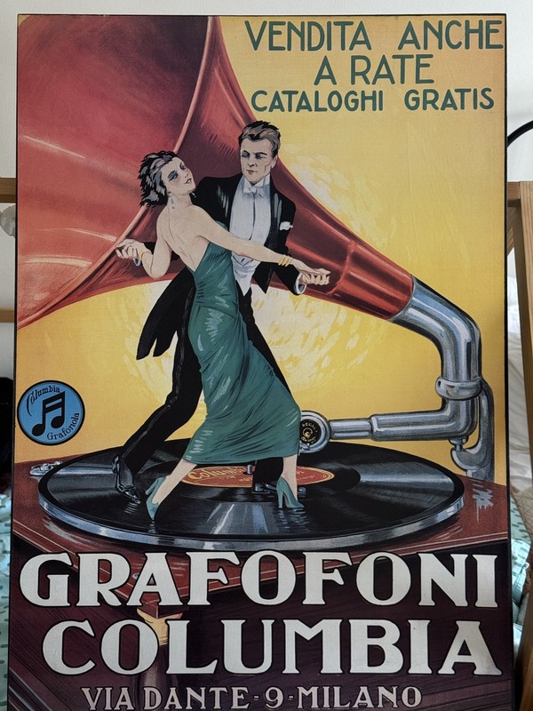 Vintage 2003 Decoupage on Canvas Grafofoni Columbia Art Wall 35×50 Collectible