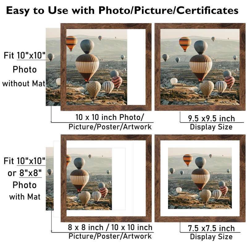 10X10 Picture Frame with Mat, Display 8X8 with Mat or 10X10 Without, Wood Square gallery