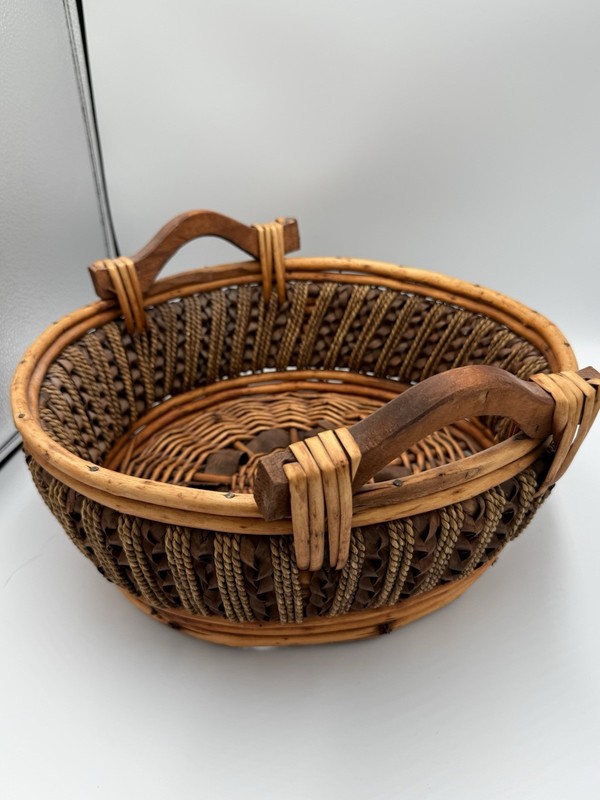 Vintage Large Woven Rattan Gathering Basket Wood Handles Boho Rustic Decor gallery