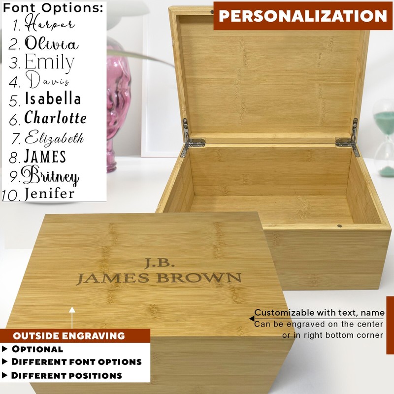 Personalized Wood Box with Hinged Lid Large - Unique Wooden Keepsake Box Bamboo gallery