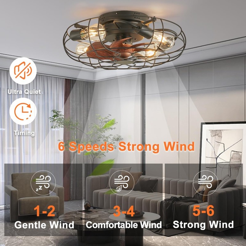 SHLUCE Small Caged Ceiling Fan with Light, Farmhouse Rustic Flush Mount Ceili... gallery