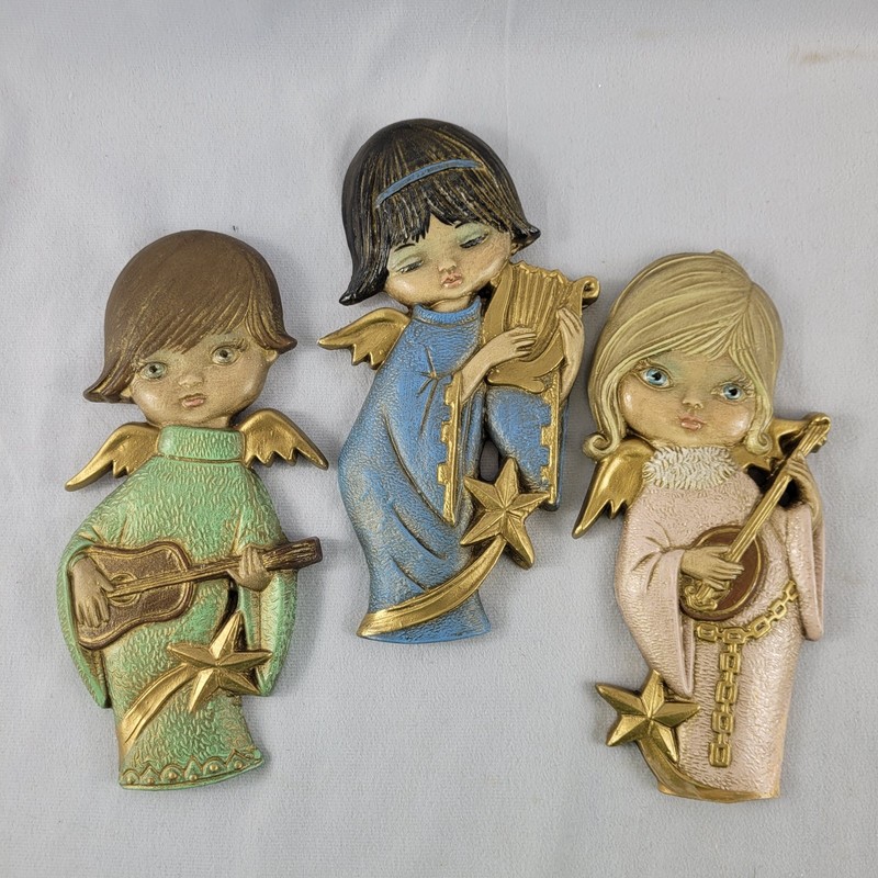 Vintage Chalkware Angel Wall Plaques Set of 3 – Musical Instruments – 8–9″…