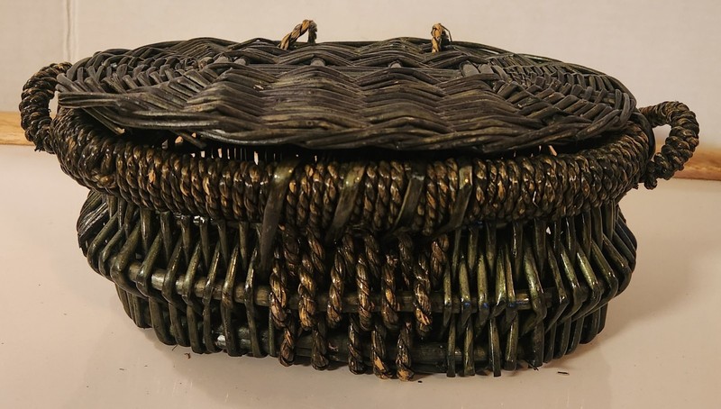 Vintage Woven Lidded Basket | Dark Green Oval Trinket & Catchall Box w/ Handles