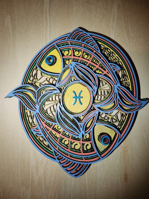 PICSES Zodiac Sign Horoscope Layered Wood Medallion Handmade Laser Cut Wood Art