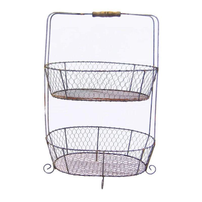 2 Tier 21-1/2″ Rusty Zinc Chicken Wire Basket With Wooden Handle