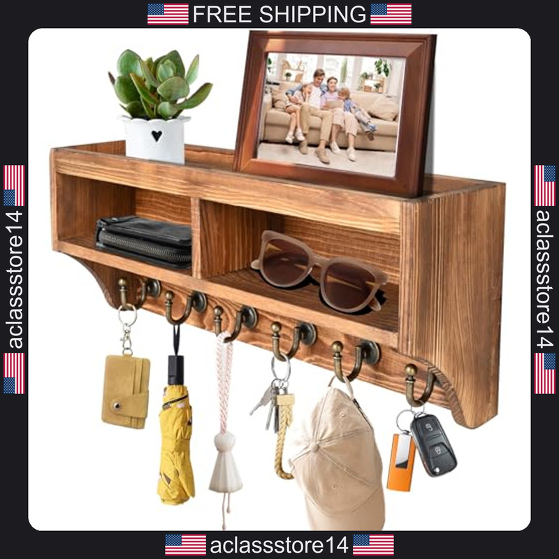Key Holder Wall Mount Mail Organizer with 6 Hooks Sunglasses and Leash Storage