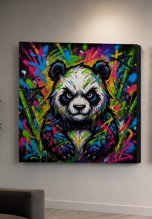 Graffiti Panda Canvas Wall Art 36×24 Stretched Canvas | Colorful Street Pop Art
