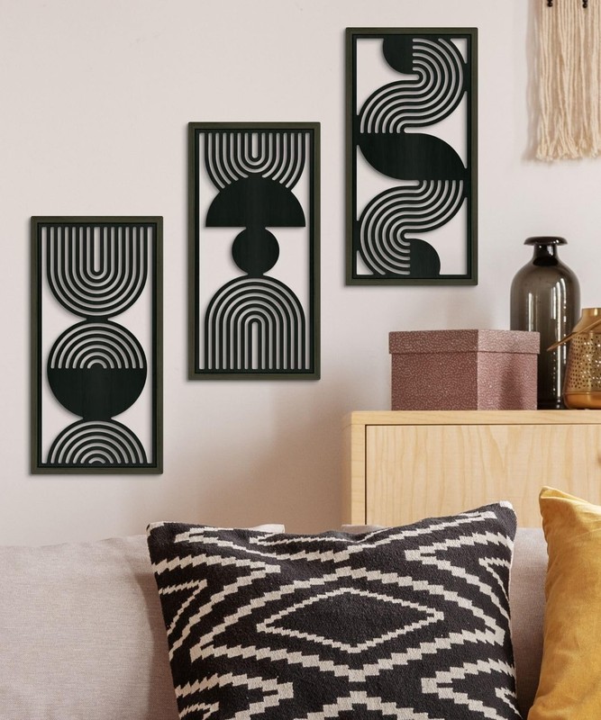 3 PCS Modern Minimalist Black & Gray MDF CutOut Geometric Line Wall Art Panel gallery