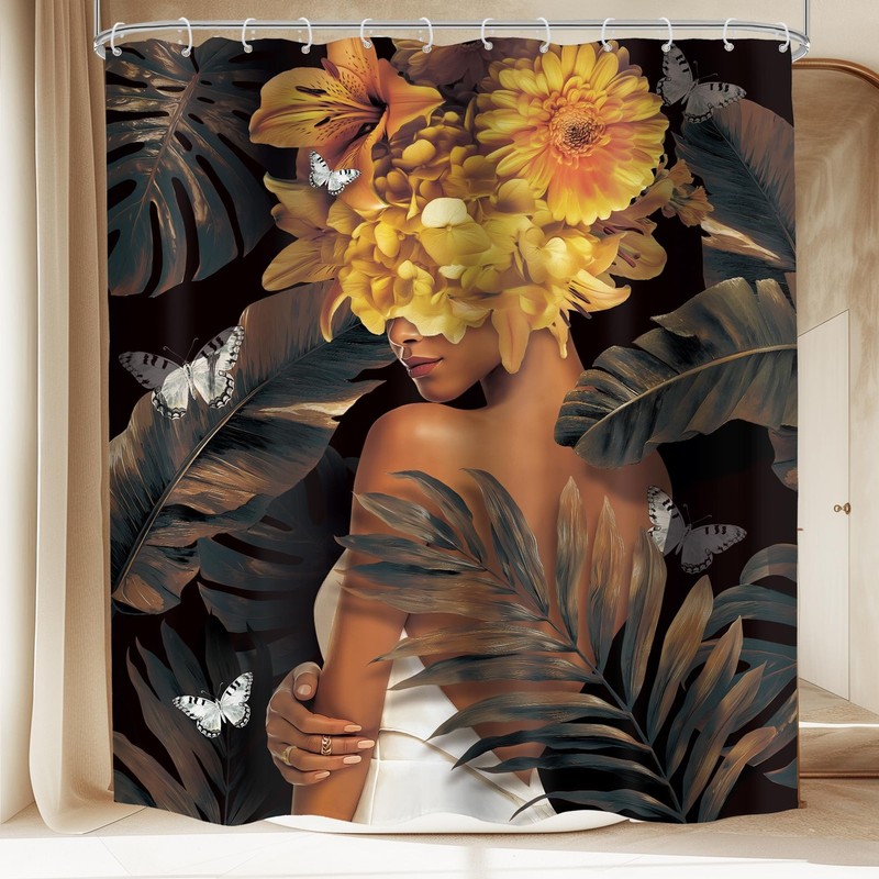 African American Shower Curtain 60Wx72H Black Woman Floral Yellow Blossom But…
