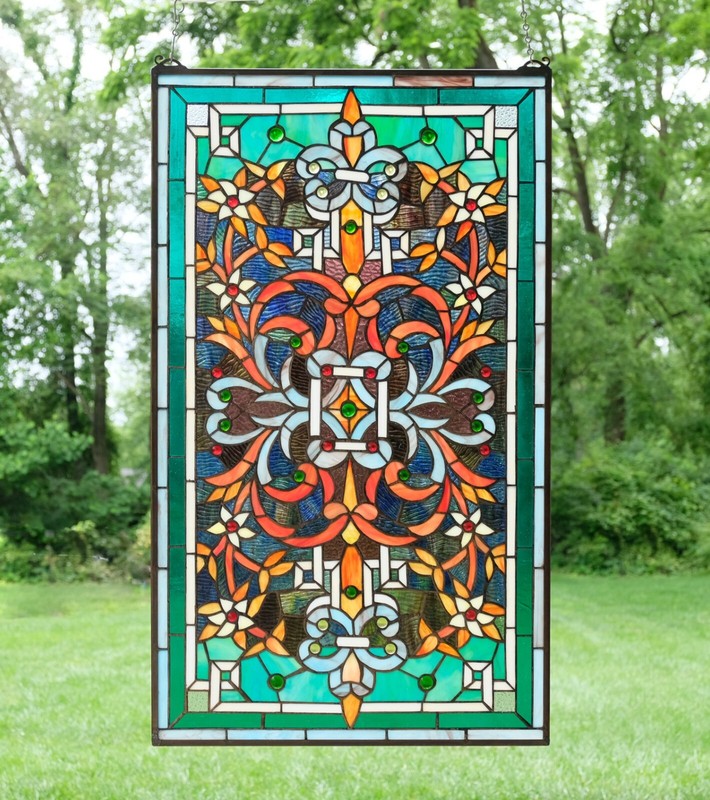 20″ x 34″ Flower Tiffany Style stained glass window panel Jeweled glass panel
