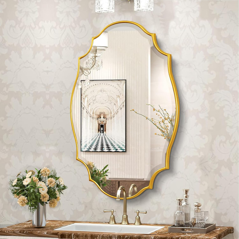 Scalloped Oval Wall Mirror, 24“X36” Gold Bathroom Vanity Mirror, Ornate Decorati