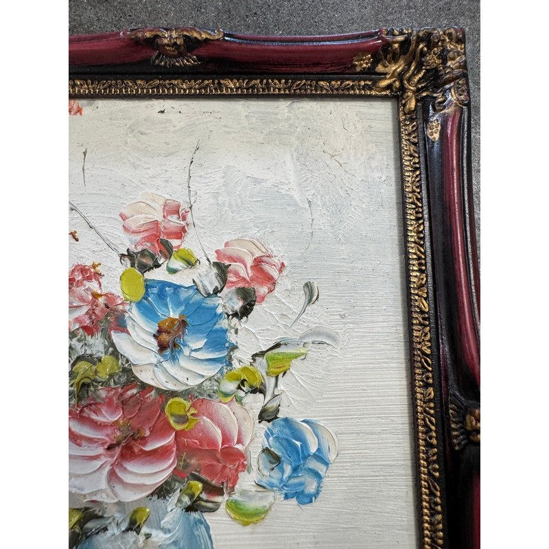 Vintage Framed Still Life Impasto Oil Painting Floral Bouquet Flowers Blue Vase gallery