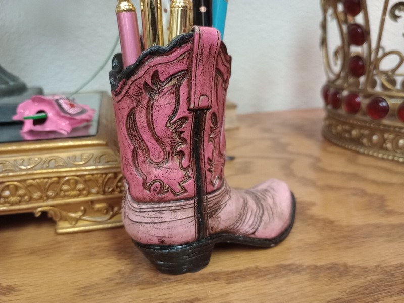 Pink Western Rustic Cowboy Cowgirl Hand Tooled Leather Look Boot Pen Holder gallery