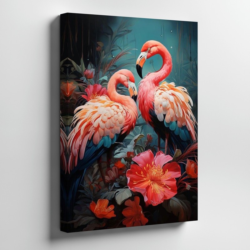 Pink Flamingo Canvas Wall Art Tropical Birds Floral Nature Animal Decor Print