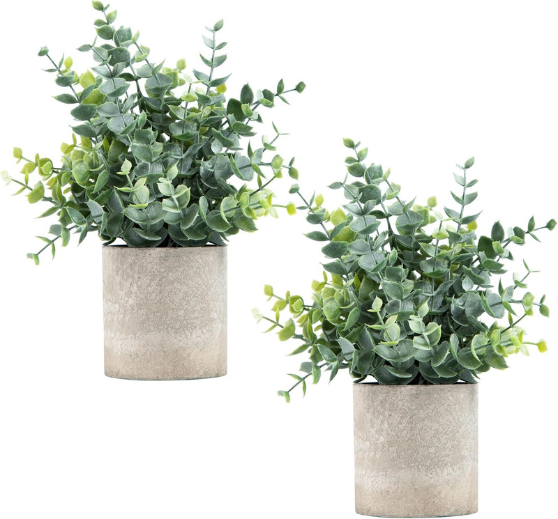 2 Pack Small Fake Plants Eucalyptus Potted Artificial Plants for Shelf Desk Home gallery
