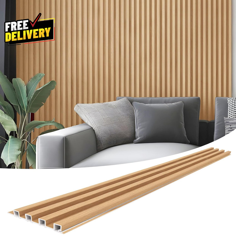 8 Pack WPC Acoustic Slat Wall Panels 96×6 Oak Modern Interior Decor