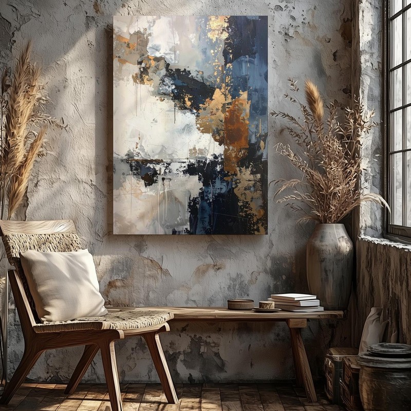 Raw Texture Abstract Canvasindustrial-Inspired Art In Navy, Ochre & Beige Wall gallery