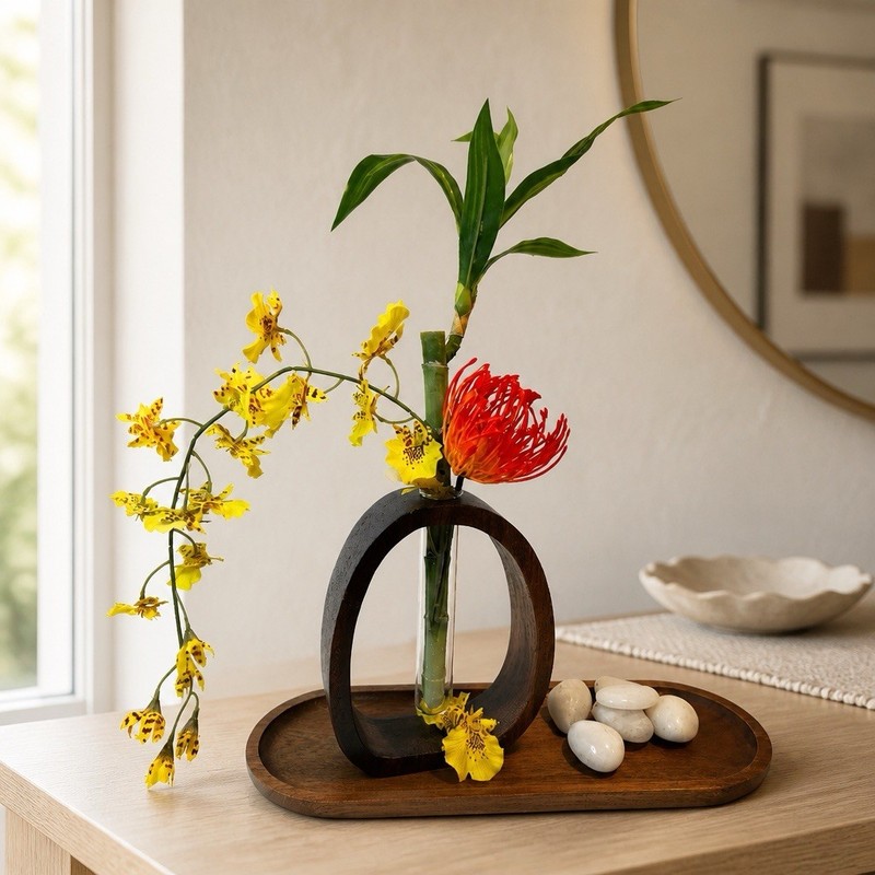 Silk Floral arrangement centerpiece, orchids, Bamboo Wood, Stones Asian Modern