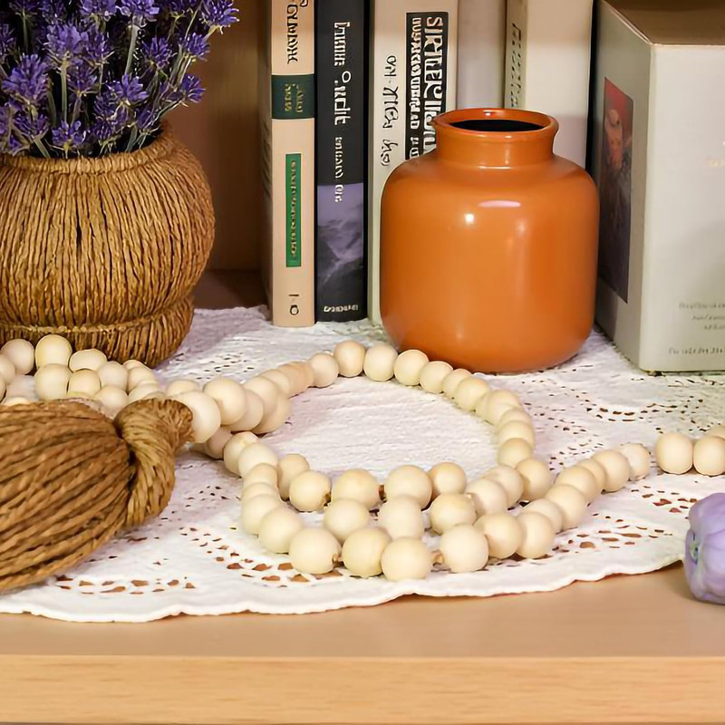 Farmhouse Beads, 59In Wood Bead Garland with Tassels, Bookshelf Decor for Tiered gallery