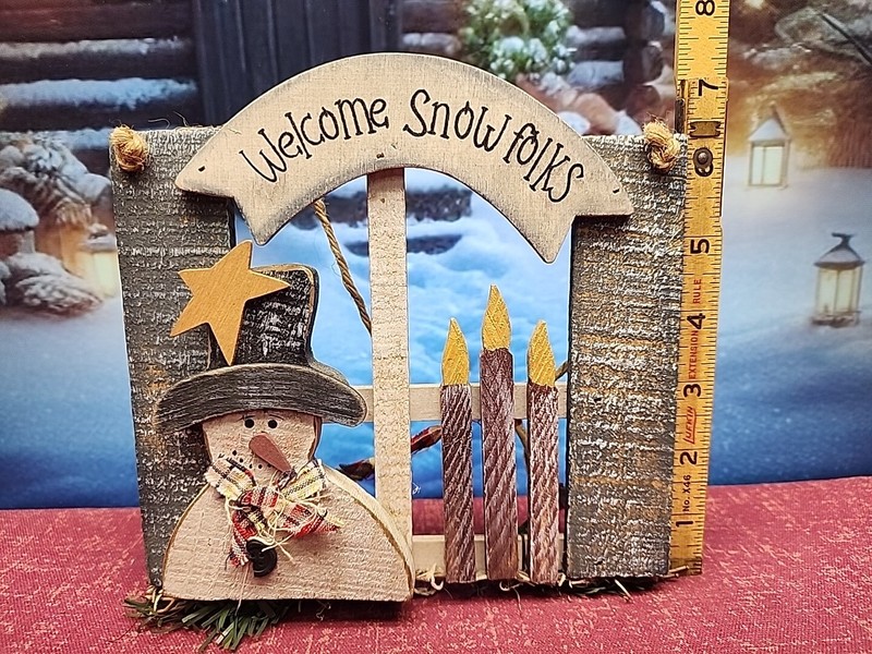 Country Home "Welcome Snow Folks" Wooden Rustic Sign With Snowman gallery