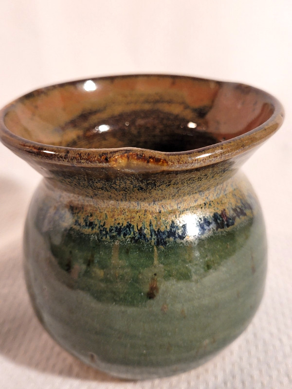 Metal W/ Flower Frog In Vase Ceramic Studio Art Pottery Blue Green Small 3.5″ Ta